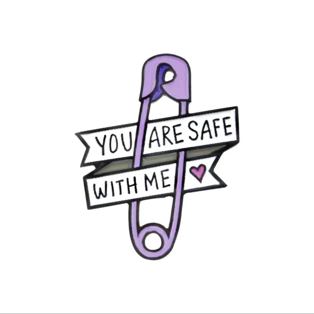 You are safe with me purple safety pin brooch NEW heart